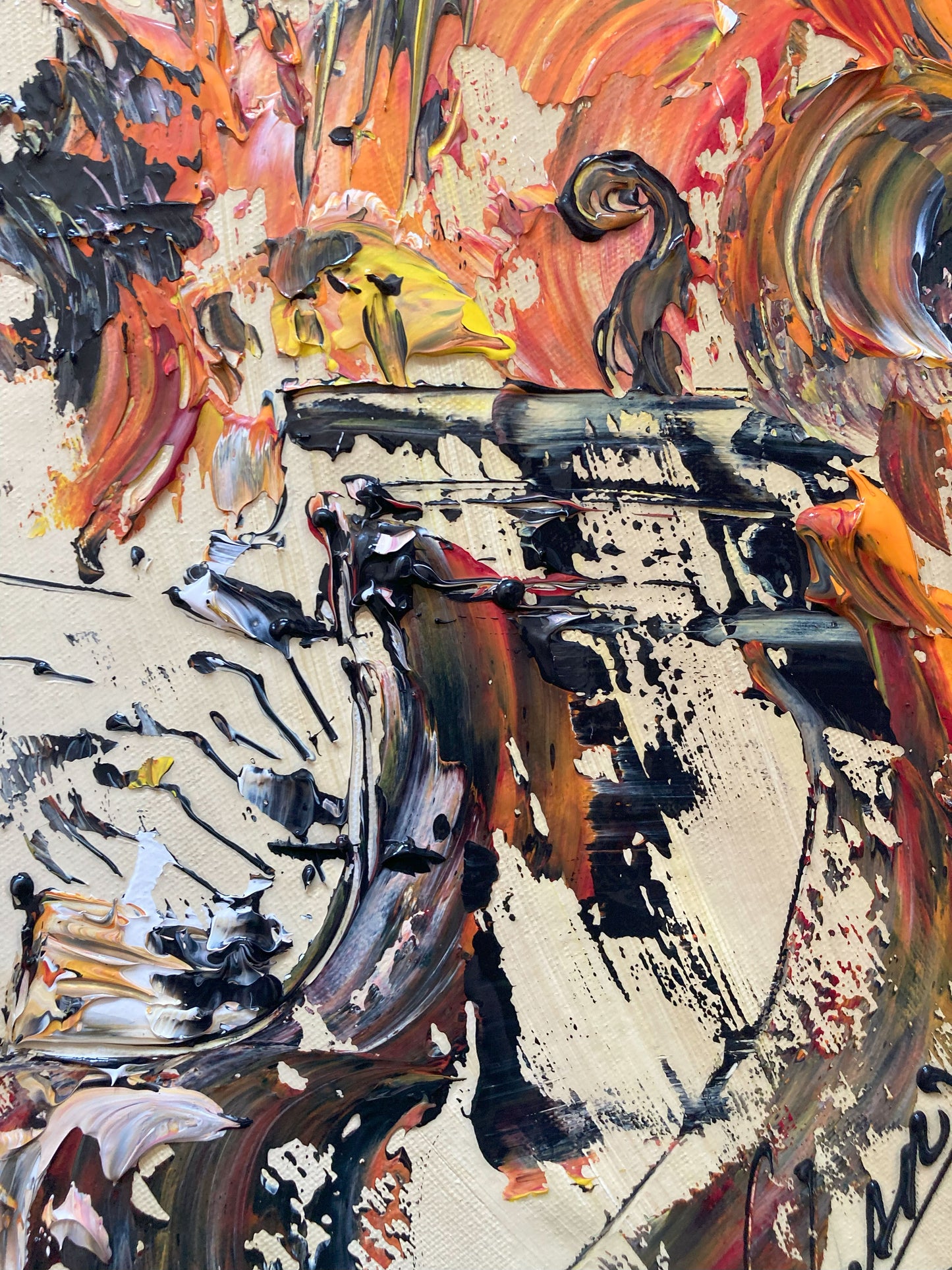 Tableau Musiciens Jazz , Contrebasse, Piano, Violon. Peinture sur toile 50x70cm. Détail4. Création Virginie Linard ©.