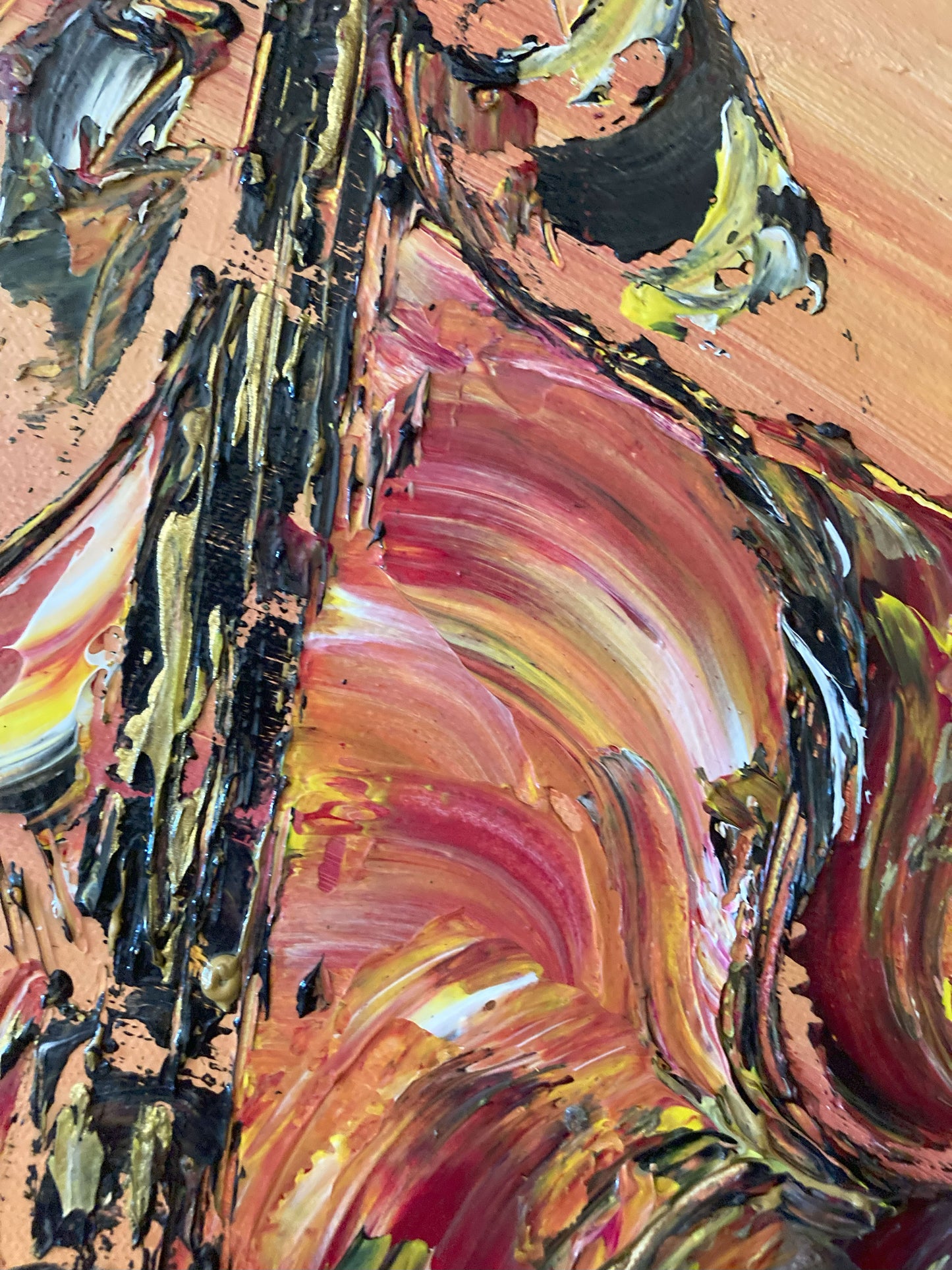 Tableau musiciens jazz contrebasse piano guitare trompette saxophone , peinture sur toile format 92x73cm. Détail6. Création Virginie Linard ©.