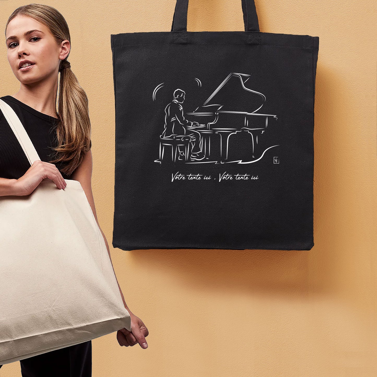 Graphisme Musique piano classique Musique pianiste sur grand sac cabas à personnaliser avec du texte, création Virginie Linard ©.