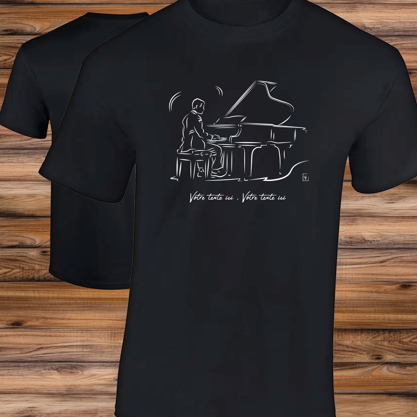 Graphisme musicien pianiste musique piano classique sur T-shirt à personnaliser avec un texte. Création Virginie Linard ©.
