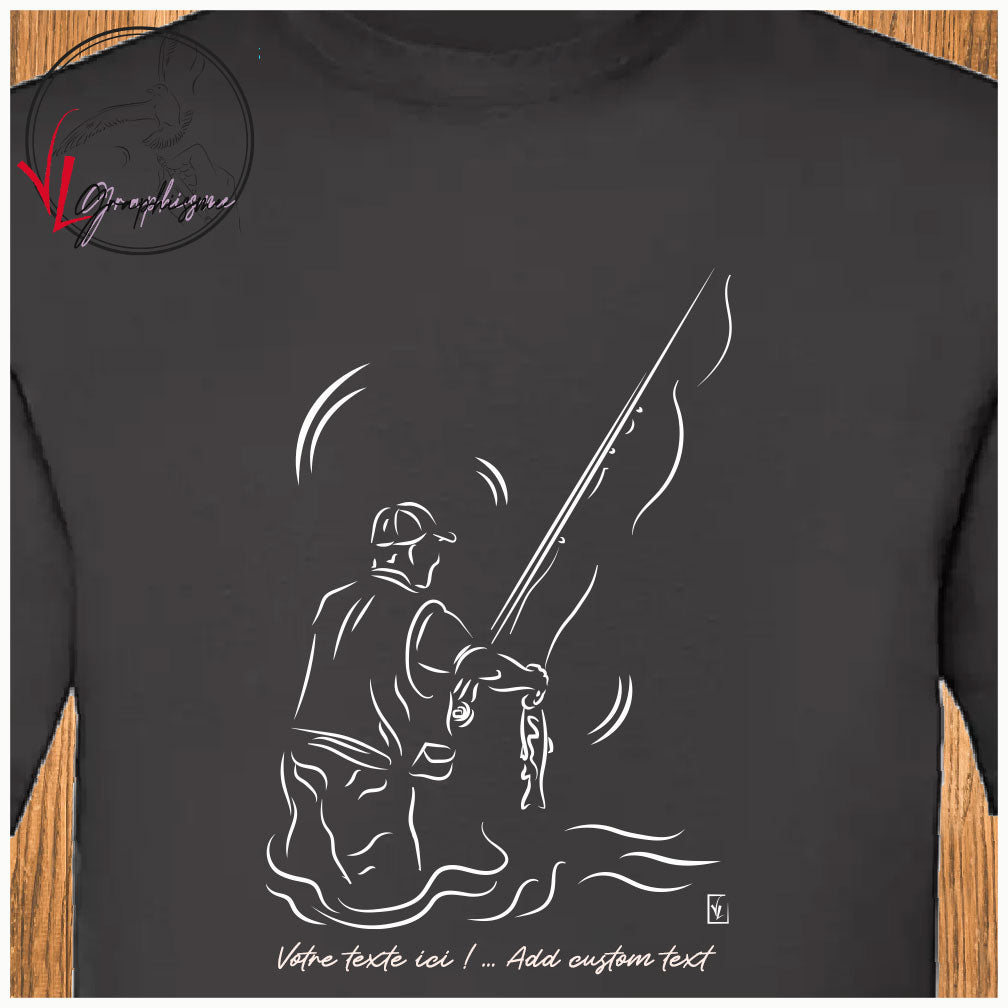 Graphisme Pêche pêcheur sur T-shirt couleur noir à personnaliser avec un texte, Création Virginie Linard ©