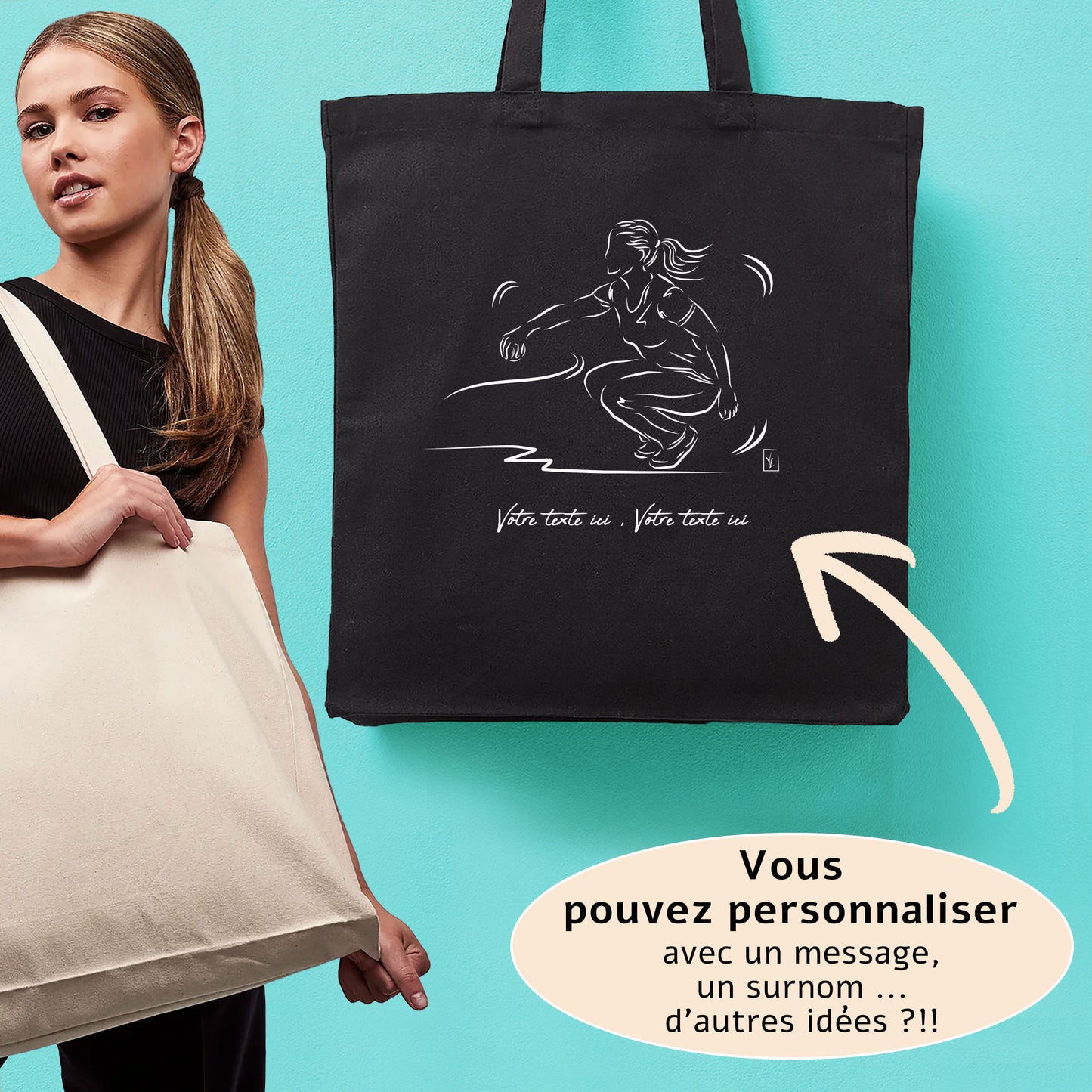 Sac cabas toile bio recyclé pétanque féminine pointe 21L avec graphisme joueuse de boules.