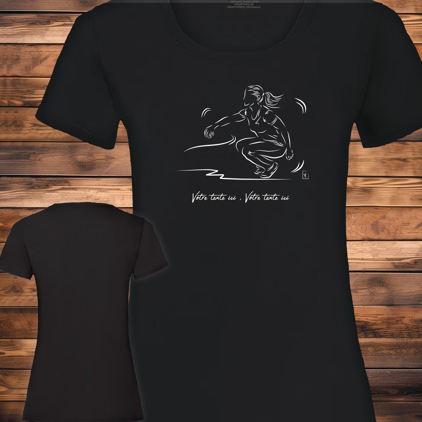 Graphisme pétanque féminin sur t-shirt noir femme coton à personnaliser avec un texte. Création Virginie Linard ©.