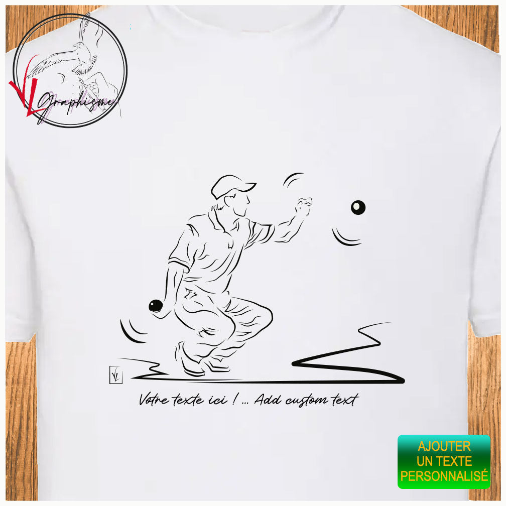 Pétanque jeux de boules sur t-shirt couleur blanc à personnaliser avec un texte côté cœur Graphisme Virginie Linard ©