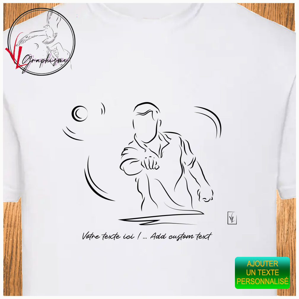 Pétanque jeux de boules sur t-shirt couleur blanc à personnaliser avec un texte . Graphisme Virginie Linard ©.