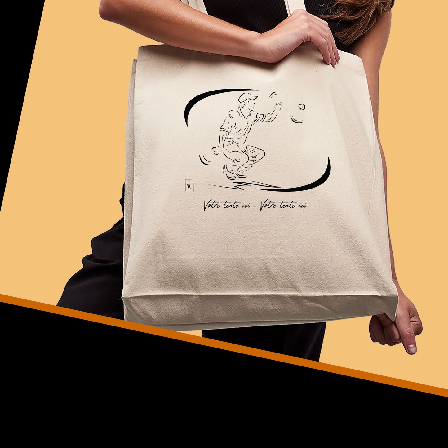 Graphisme pétanque sur sac cabas en toile tote-bag beige à personnaliser avec du texte. Création Virginie Linard ©.