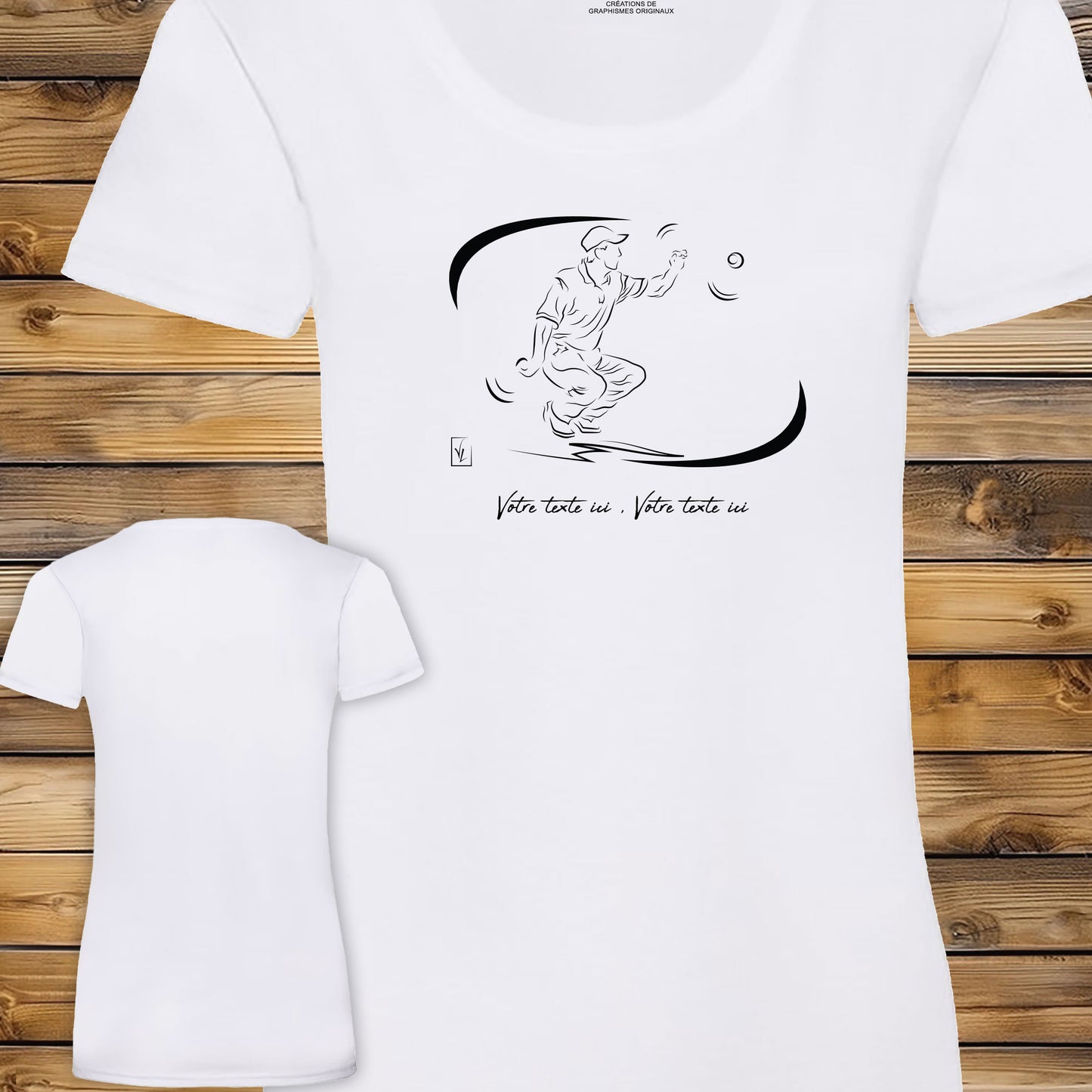T-shirt blanc femme pétanque en coton personnalisable avec graphisme sur le devant.