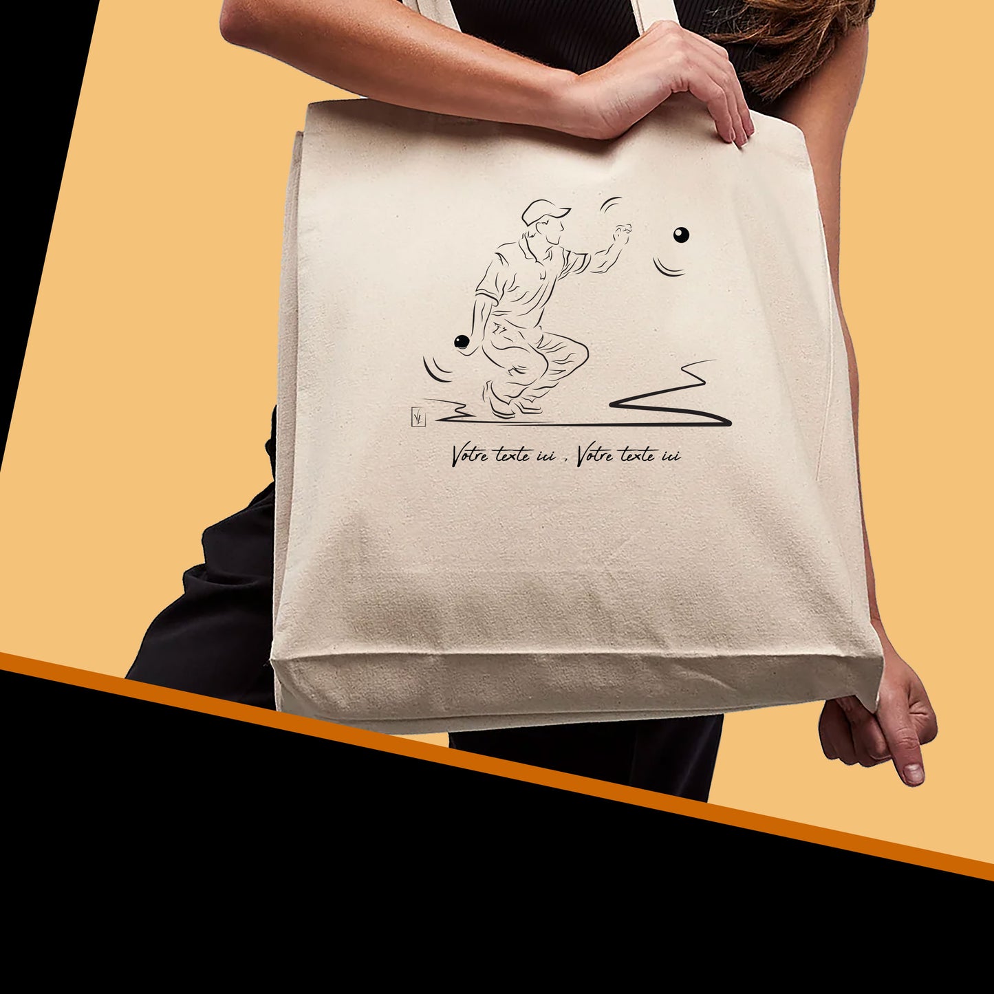 Graphisme pétanque sur sac cabas tote-bag beige, à personnaliser avec un texte sous le graphisme. Création Virginie Linard ©.