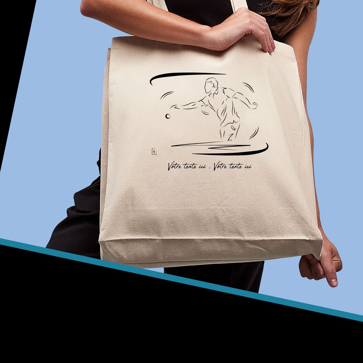 Graphisme pétanque sur sac cabas tote-bag beige à personnaliser avec un texte. Création Virginie Linard ©.