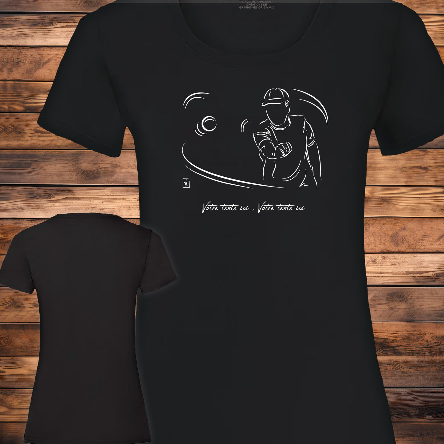 Graphisme pétanque sur t-shirt noir coupe femme coton à personnaliser avec un texte. Création Virginie Linard ©.