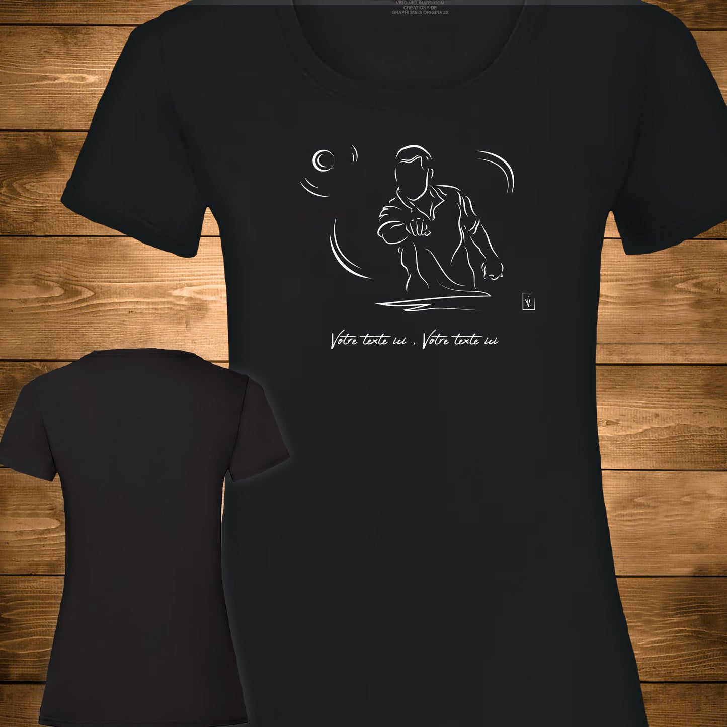 Graphisme pétanque sur t-shirt noir coupe femme coton à personnaliser avec un texte. Création Virginie Linard ©.