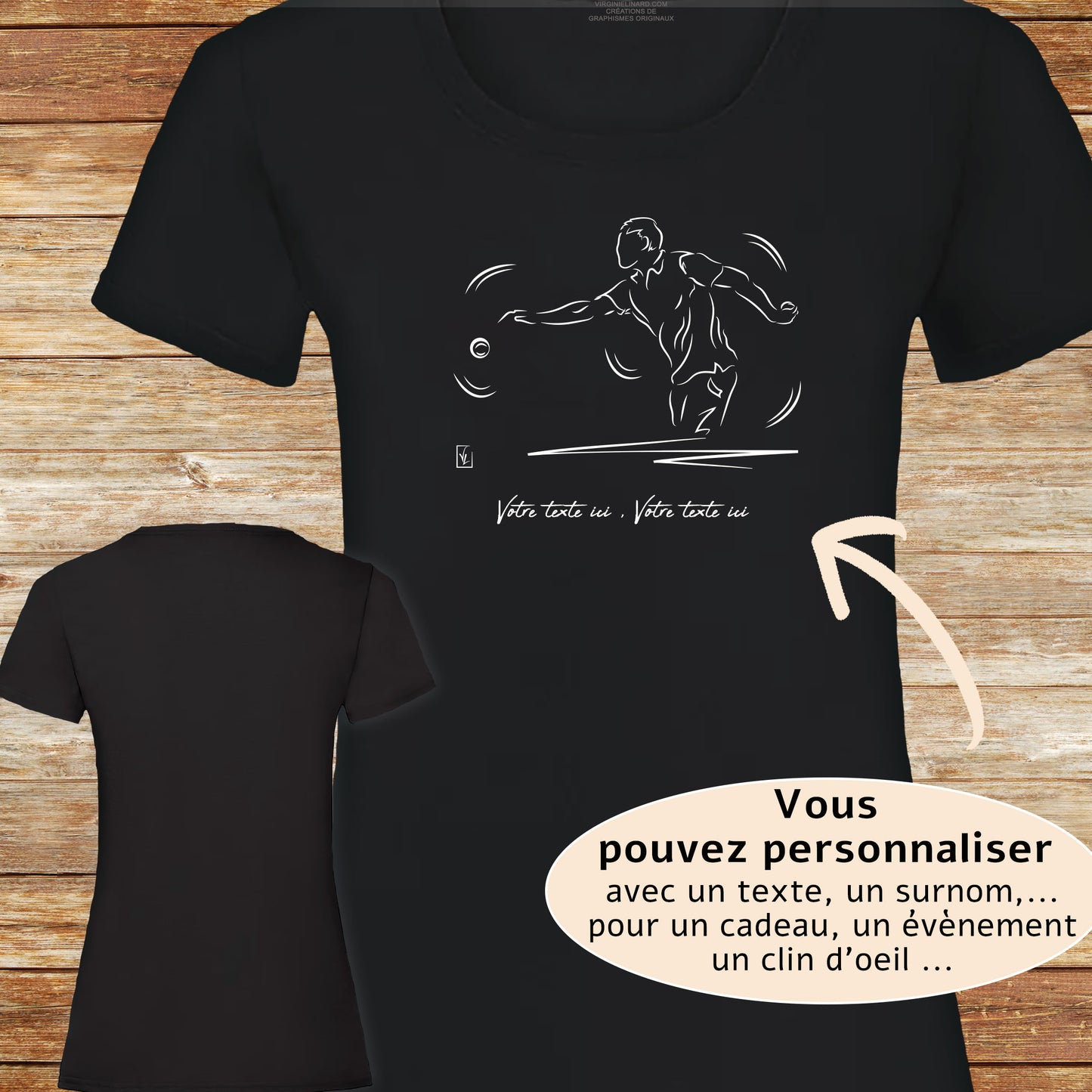 Graphisme pétanque sur t-shirt noir coupe femme coton à personnaliser avec un texte. Création Virginie Linard ©.