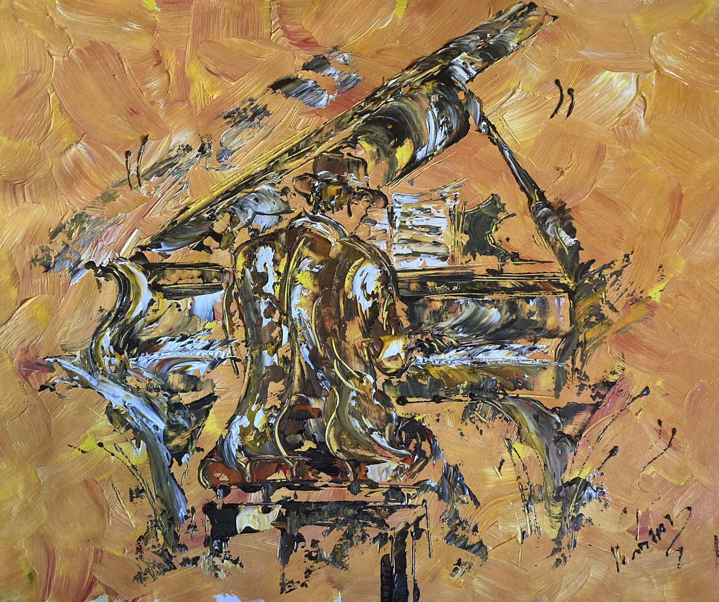 Tableau, pianiste, jazz, Musicien, piano, Musique. Peinture sur toile format 55x46cm. Création Virginie Linard ©.