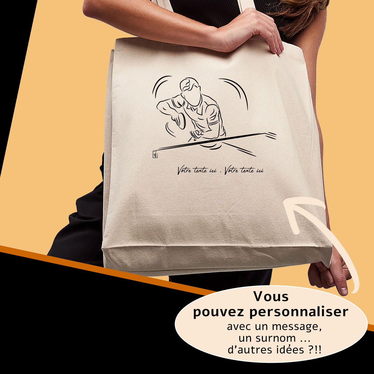 Graphisme ping-pong tennis de table Sac tote bag beige. A personnaliser avec un texte. Création Virginie Linard ©.