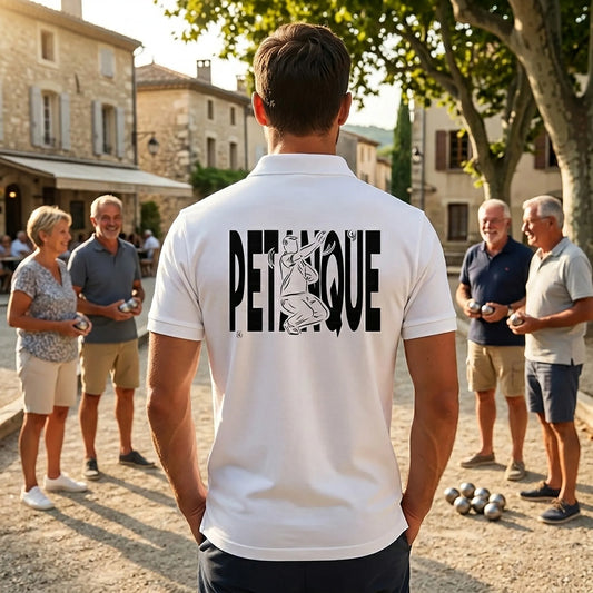 Polo pétanque homme blanc personnalisé (texte/prénom/club). Idée cadeau pétanqueur, dessin "Equipe" au dos.