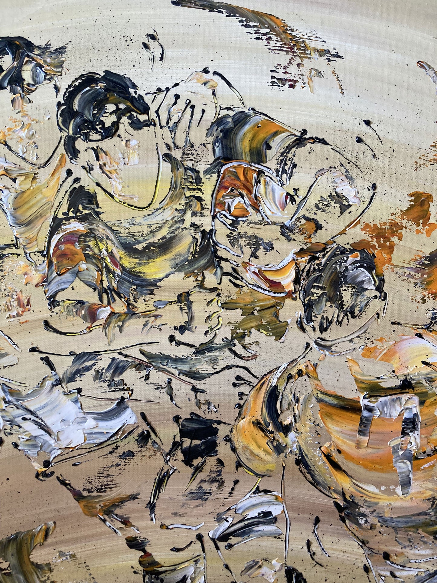 Tableau Scène de rugby, couleur beige marron orange, format 60x60 cm. Original unique. Détail3. Création peintre Virginie Linard ©.