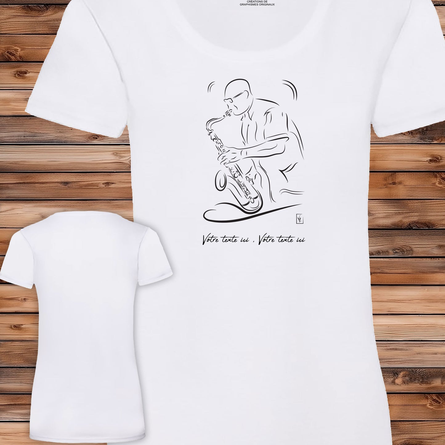 Saxophoniste jazz, graphisme sur t-shirt blanc femme à personnaliser avec du texte. Création Virginie Linard ©.