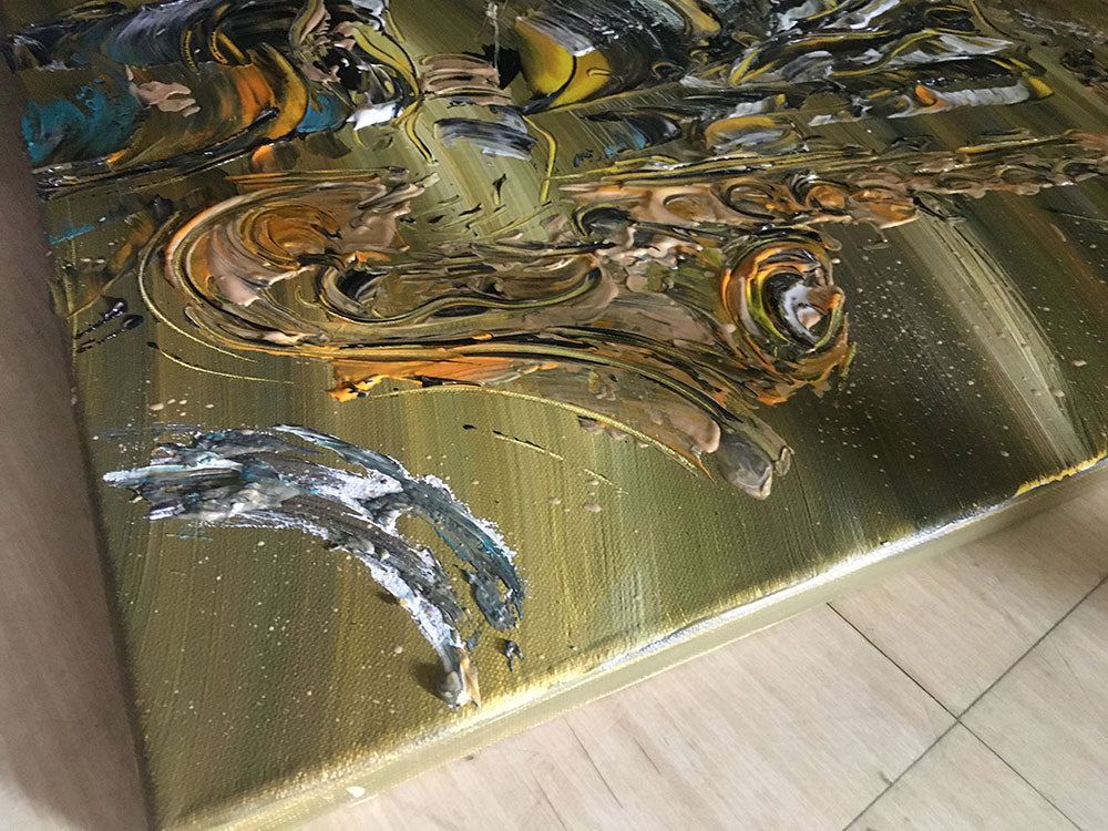 Détail de la peinture sur toile d'un musicien de saxophone de Virginie Linard ©