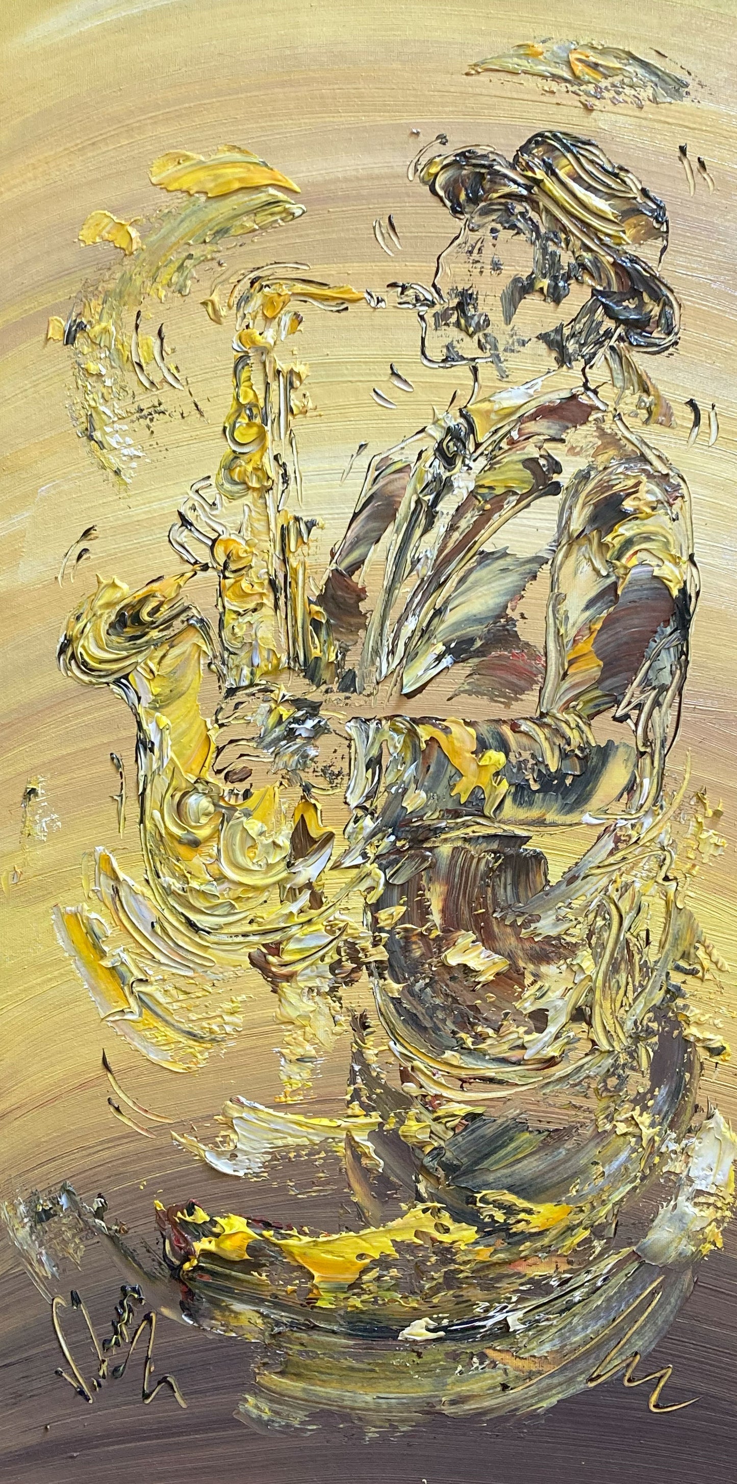 Tableau musicien saxophoniste jazz , peinture sur toile 30x60cm. Création Virginie Linard ©.