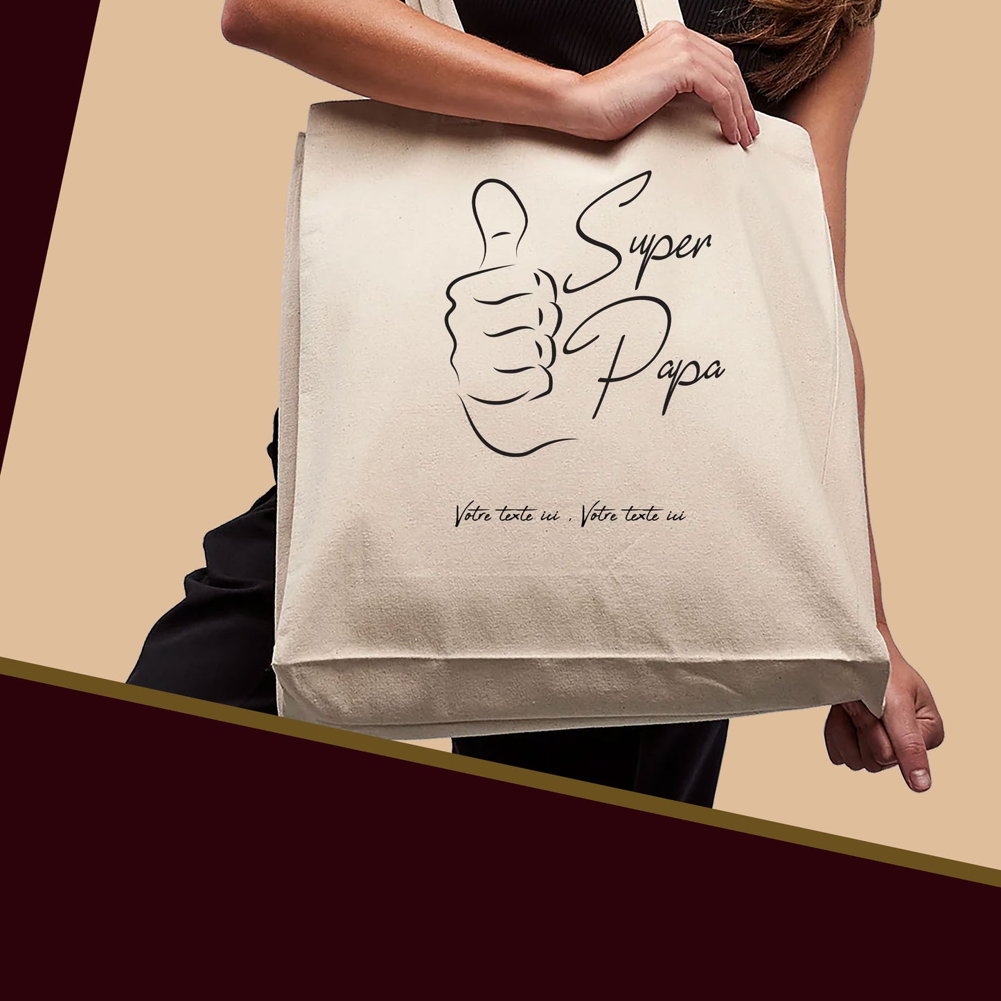 Graphisme super papa avec pouce levé sur sac cabas en toile tote-bag à personnaliser avec du texte. Création Virginie Linard ©.