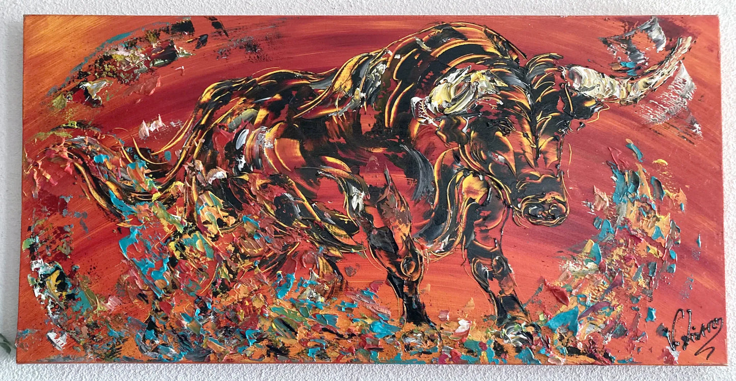 Peinture panoramique taureau espagnol sur fond rouge vif, silhouette animale puissante, art moderne grand format 50x100 cm.