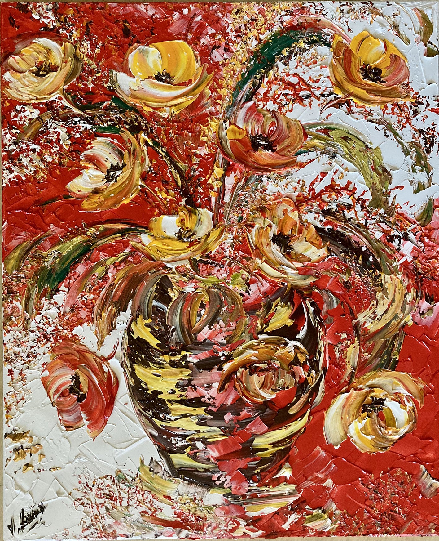 Bouquet of red and white flowers - Painting on canvas 50x60cm