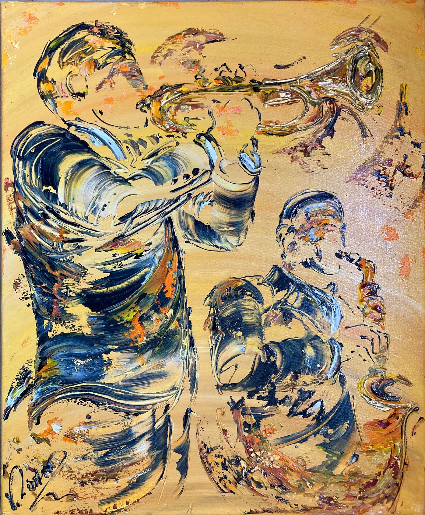 Musiciens Trompettiste Saxophoniste Jazz - Peinture sur toile 50x61cm