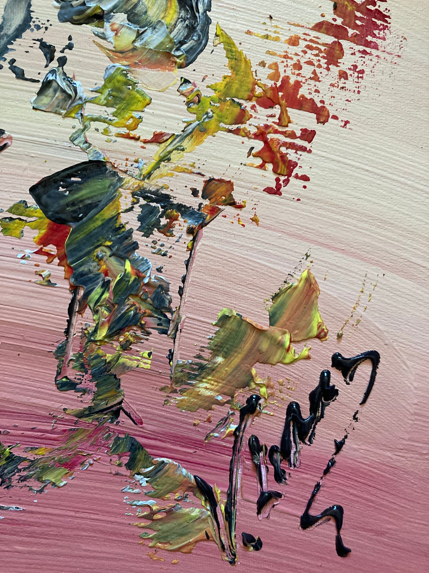 Tableau d'un groupe de musiciens, avec un contrebassiste et deux guitaristes, peinture sur toile format 55x46cm du peintre Virginie Linard © détail6