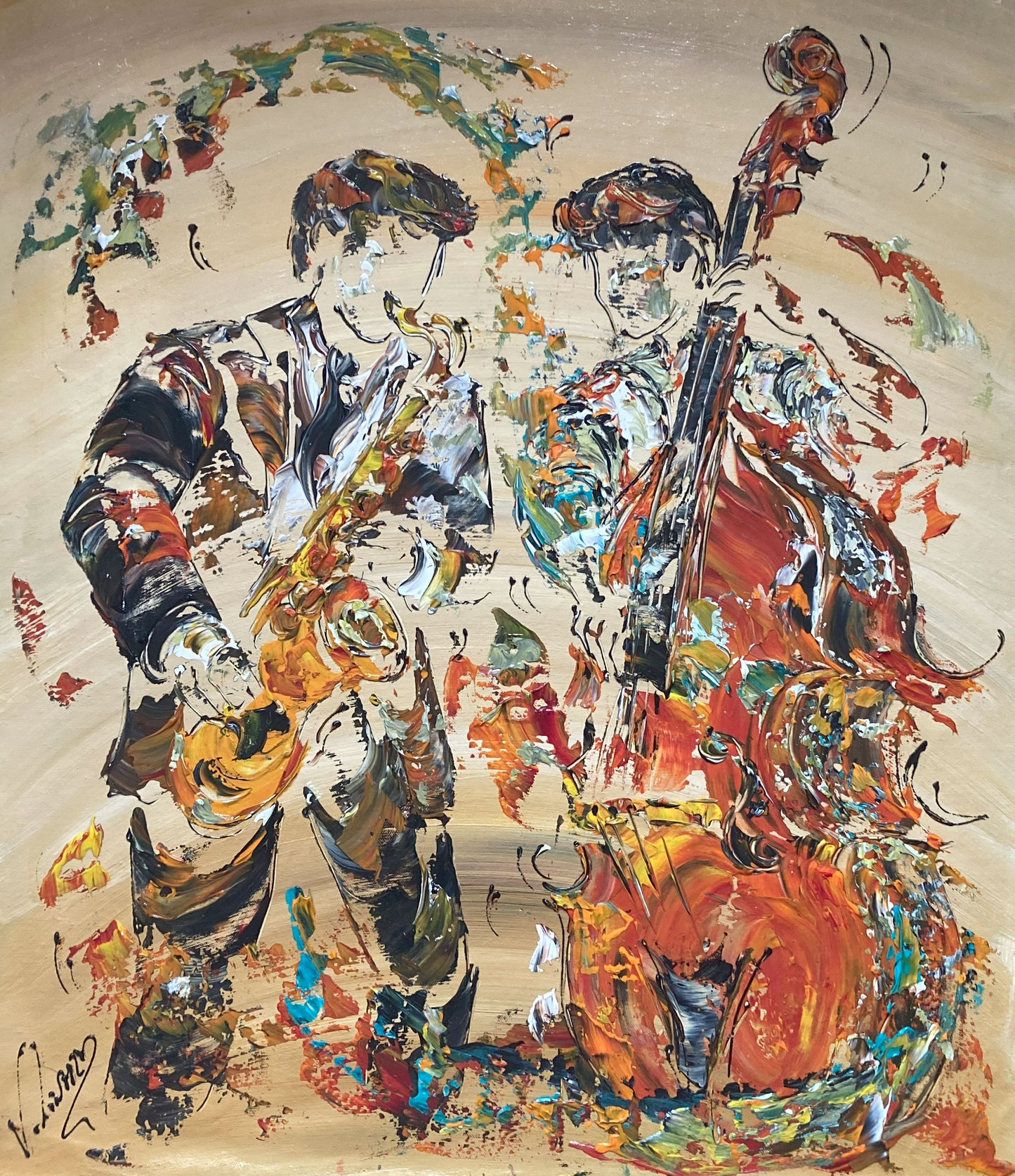 Tableau duo Musiciens Jazz Contrebasse et saxophone. Peinture sur toile 60x70cm. Création Virginie Linard ©.