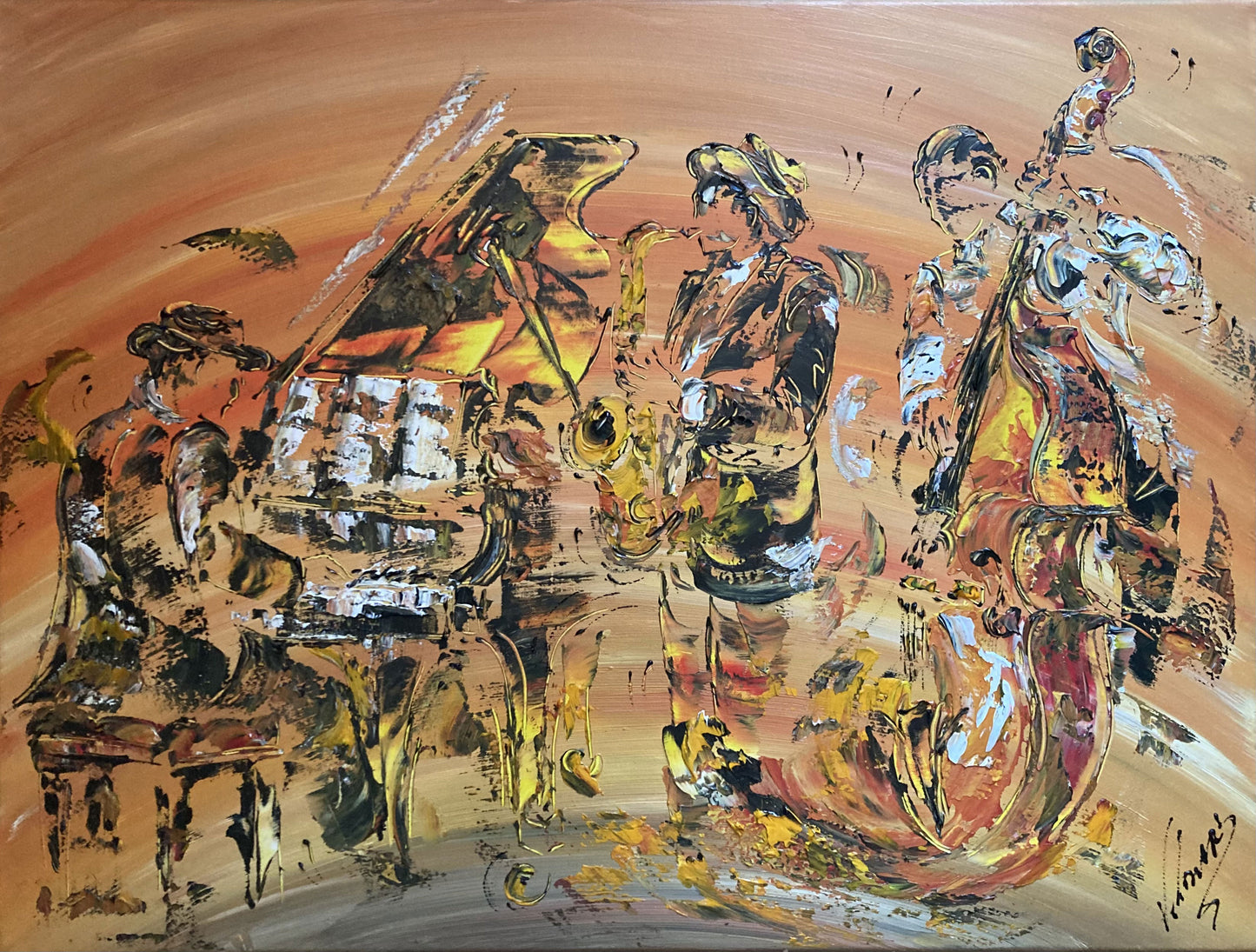 Tableau scène de musique jazz, musiciens piano contrebasse saxophone. Peinture sur toile format 60x80cm. Création Virginie Linard ©.