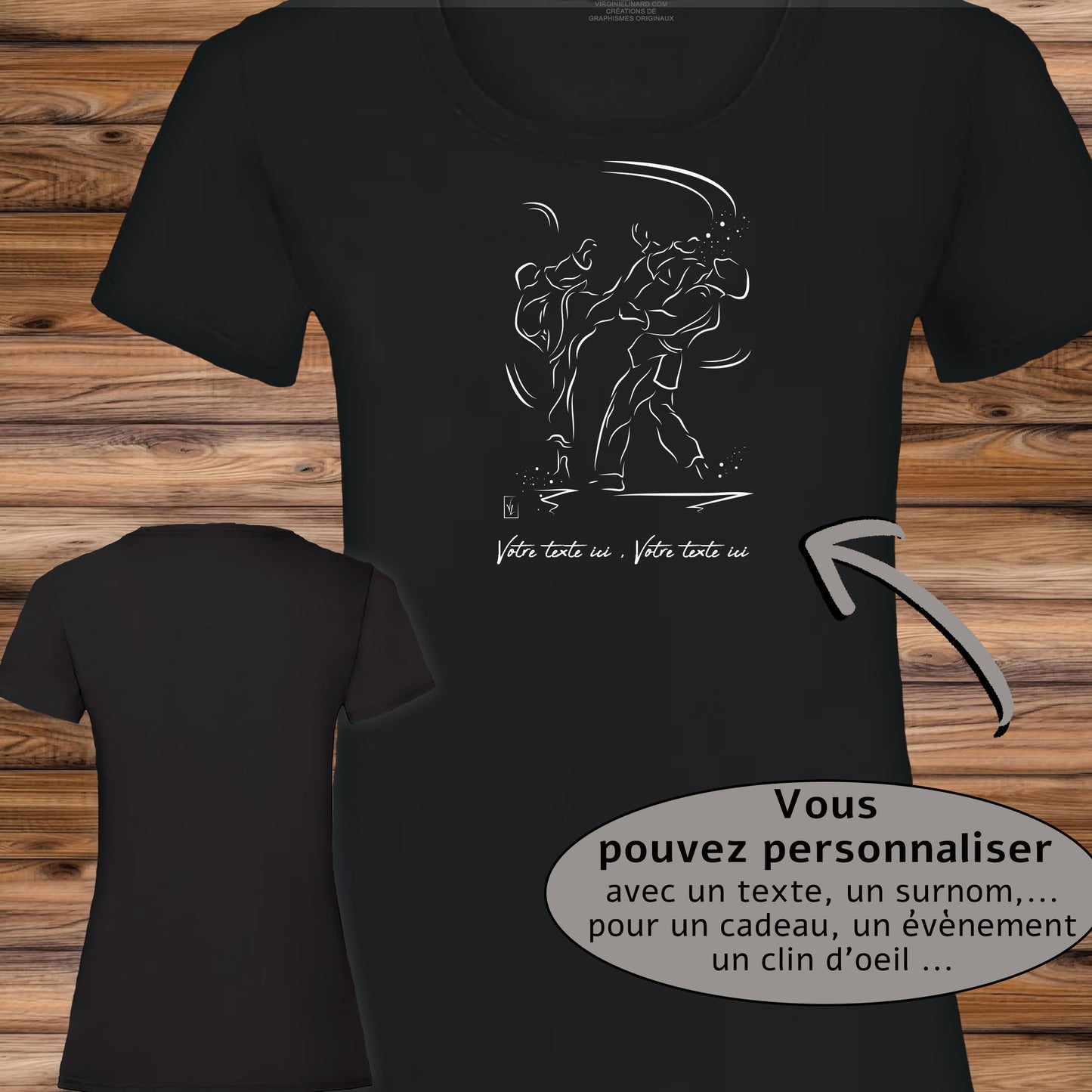 Graphisme Taekwondo arts martiaux sur t-shirt noir coupe femme à personnaliser avec du texte. Création Virginie Linard ©.
