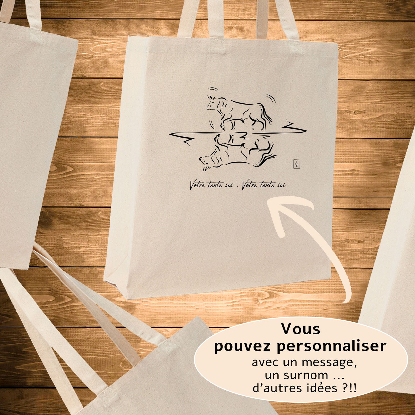 Taureaux Camargue Corrida Tauromachie, graphisme sur sac tote-bag 21 litres beige, à personnaliser avec un texte. Création Virginie Linard ©.