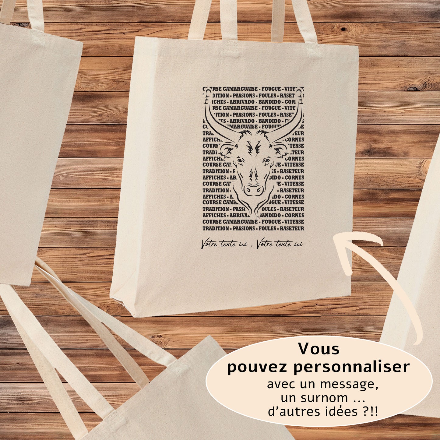 Taureau , course camarguaise , raseteur , Camargue, graphisme sur Sac Tote-bag beige à personnaliser avec du texte. Création Virginie Linard ©.