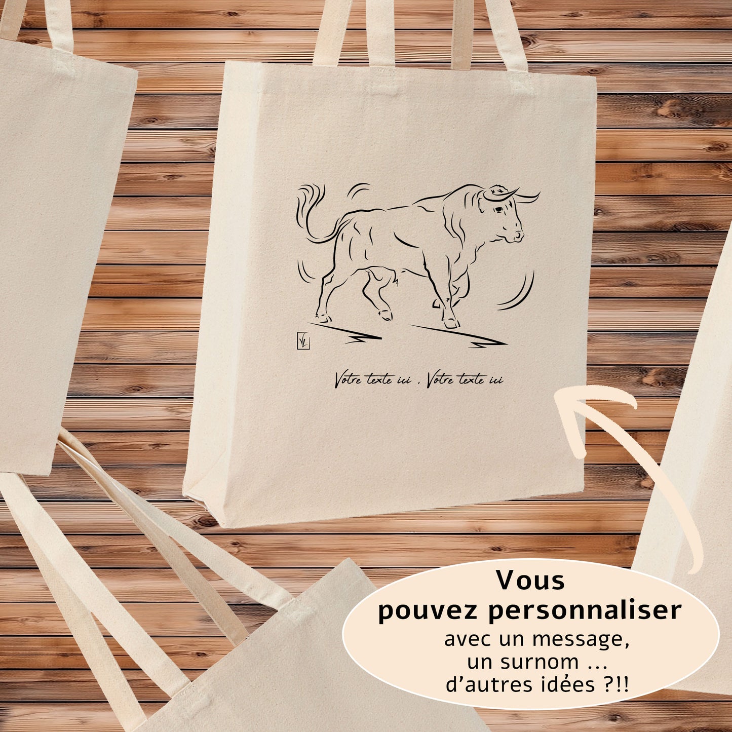 Taureau espagnol Corrida Tauromachie Course Camarguaise, Graphisme sac tote-bag beige à personnaliser avec un texte. Création Virginie Linard ©.