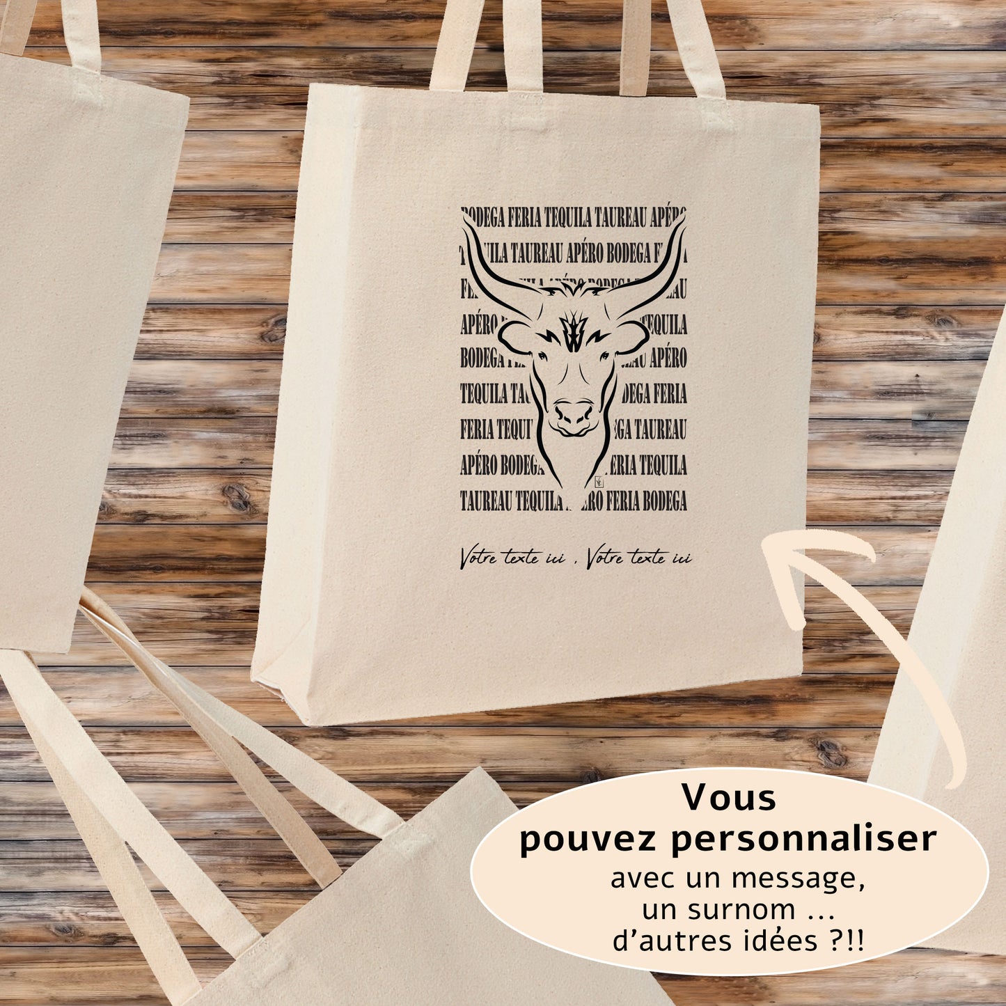 Taureau avec texte Féria, graphisme sur sac tote-bag 21 litres beige, à personnaliser avec un texte. Création Virginie Linard ©.