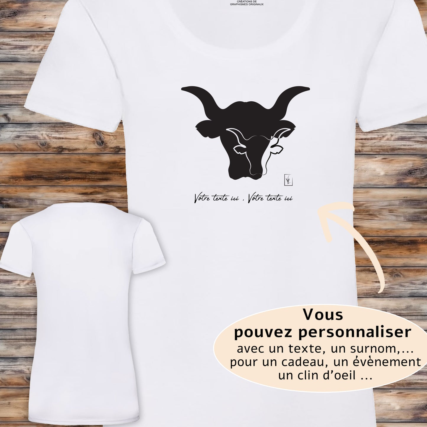 Taureau sur t-shirt blanc femme à personnaliser avec un texte, création Virginie Linard ©.