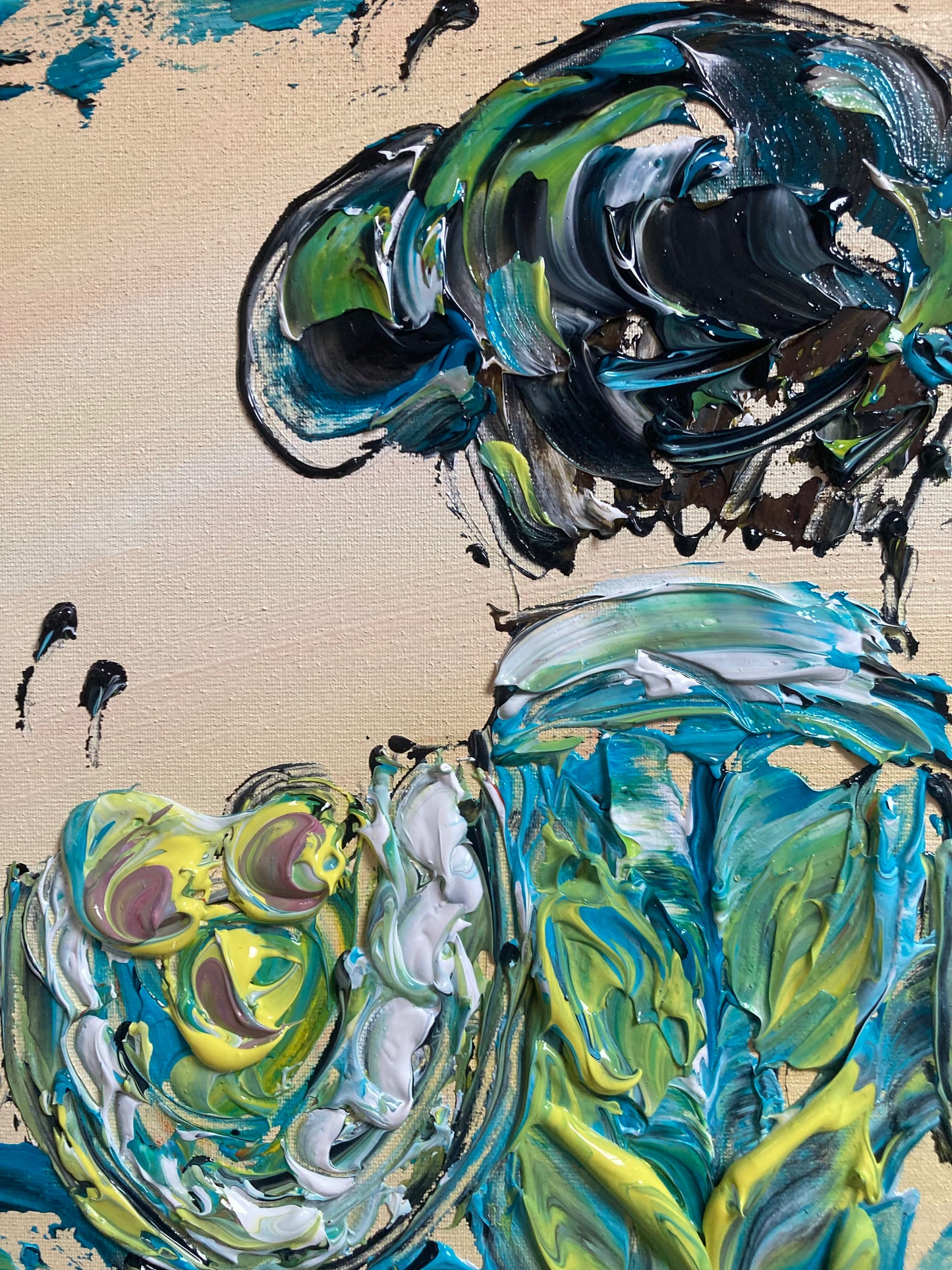 Tableau d'un toréro turquoise de dos format 40x40cm du peintre Virginie Linard © détail3