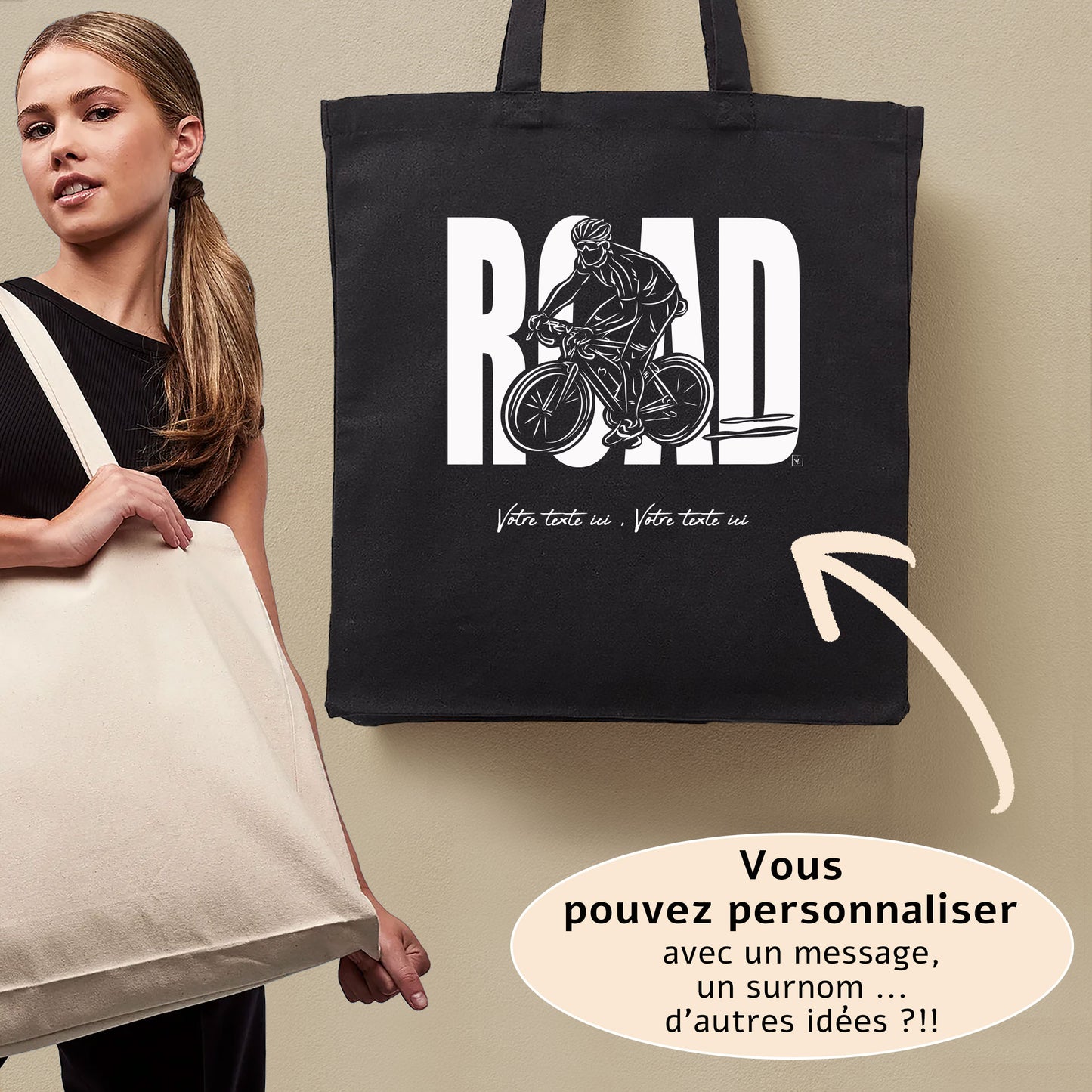 Graphisme Cyclisme vélo cycliste Toru de france sur grand sac cabas à personnaliser avec du texte, création Virginie Linard ©.