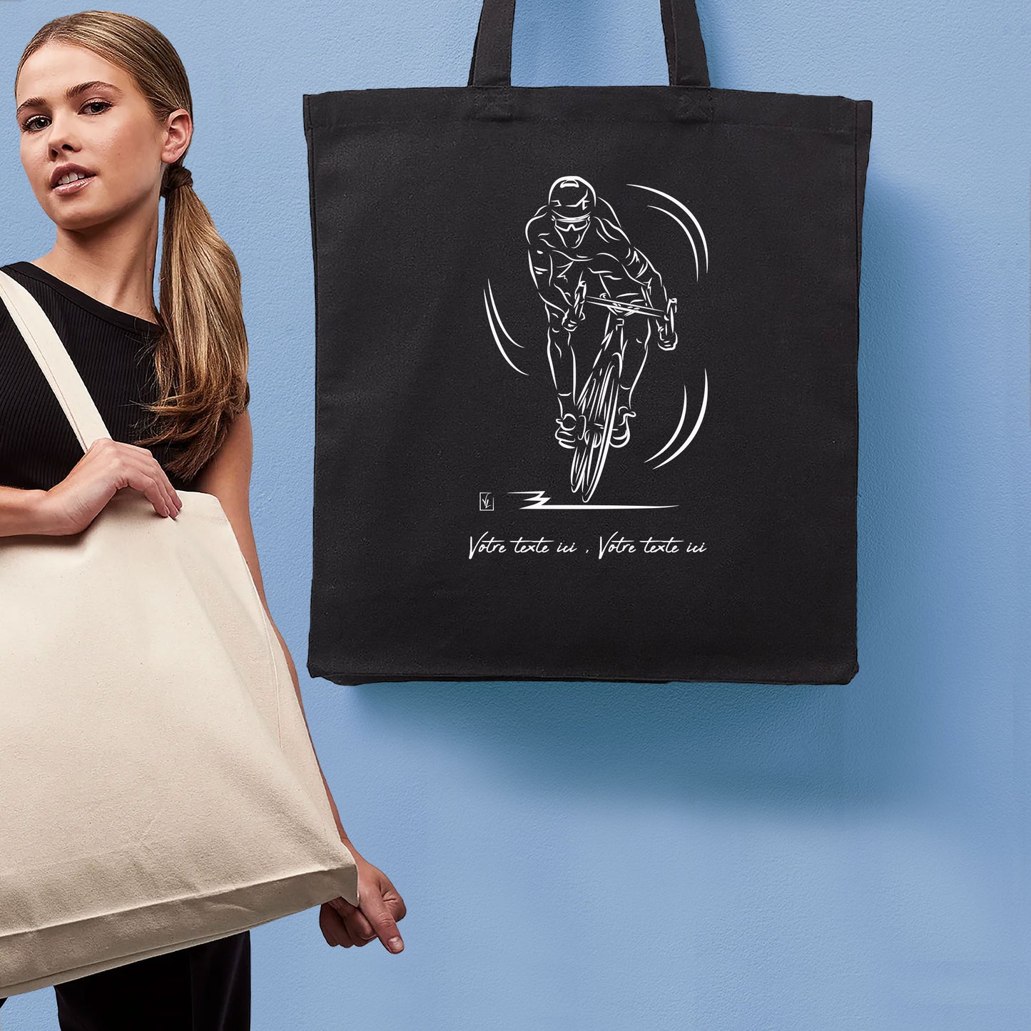 Graphisme Vélo cyclisme course sur grand sac cabas à personnaliser avec du texte, création Virginie Linard ©.