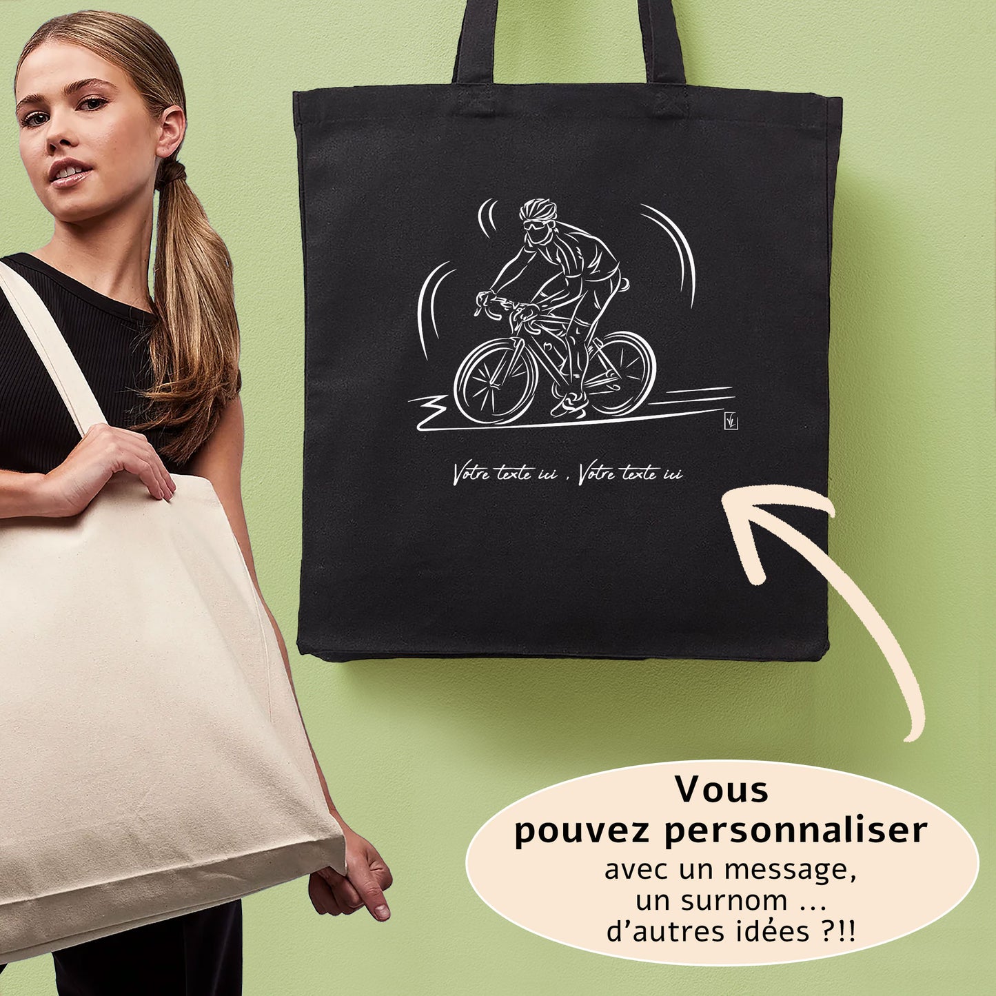 Graphisme Vélo VTT cross country sur grand sac cabas à personnaliser avec du texte, création Virginie Linard ©.