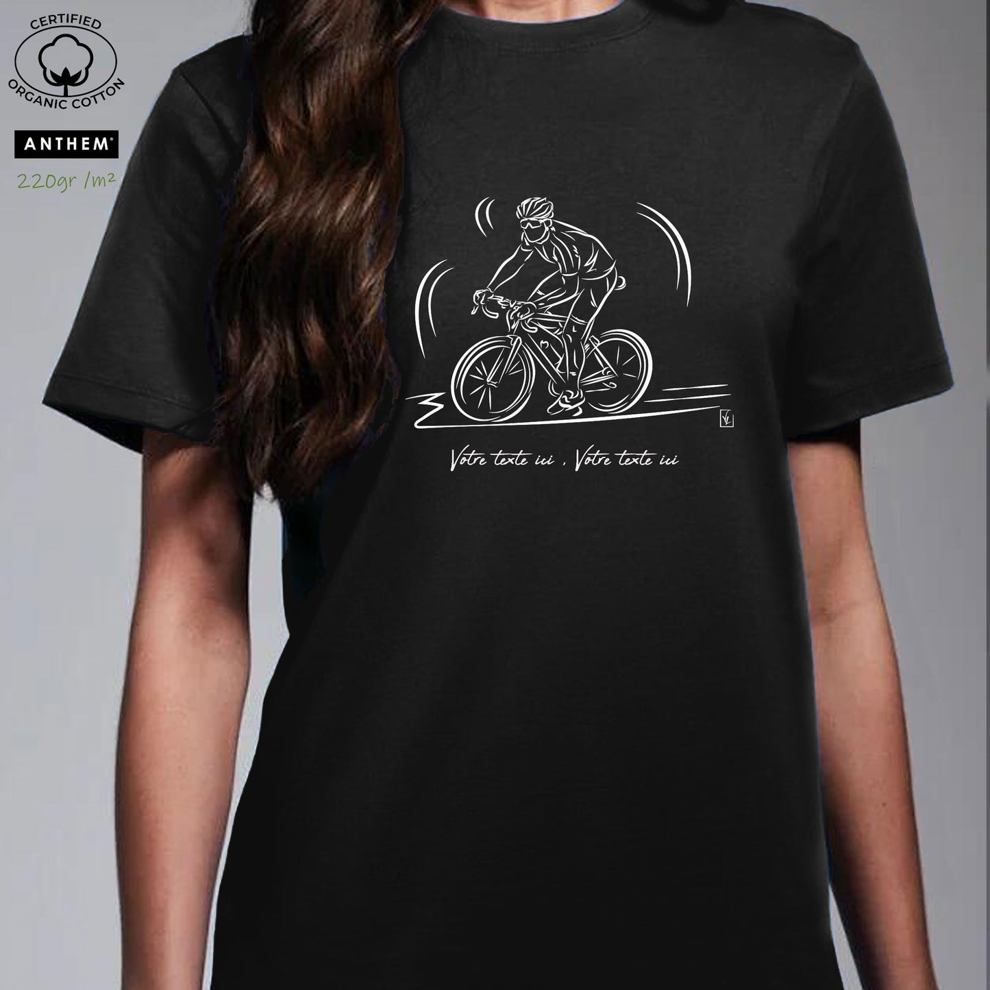 Graphisme vélo course cyclisme sur t-shirt noir 100% coton Bio épais 220gr/m² unisexe à personnaliser avec un texte. Création Virginie Linard ©.