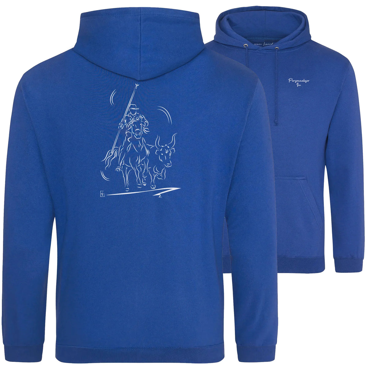 Motif Camargue Gardians et taureaux - Abrivado - au dos d'un Sweat à capuche Unisexe 280g - Bleu Royal blue