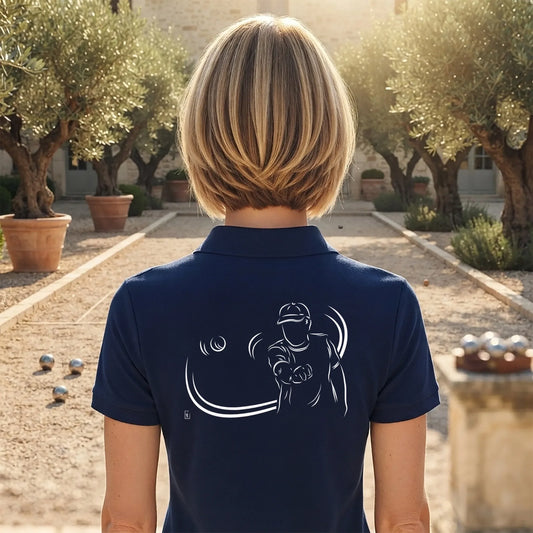 Polo Pétanque femme bleu navy à personnaliser (texte/prénom). Idée cadeau joueuse de pétanque, dessin "Carreau" au dos.