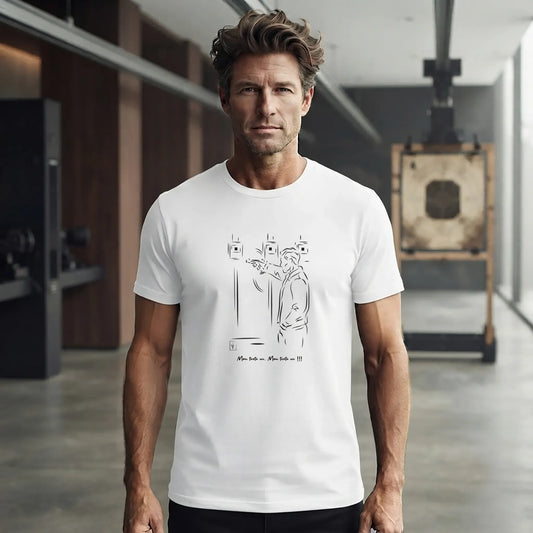 T-shirt Tir Sportif homme Blanc à personnaliser avec un texte ou prénom. Idée cadeau Tireur, modèle "Stand".