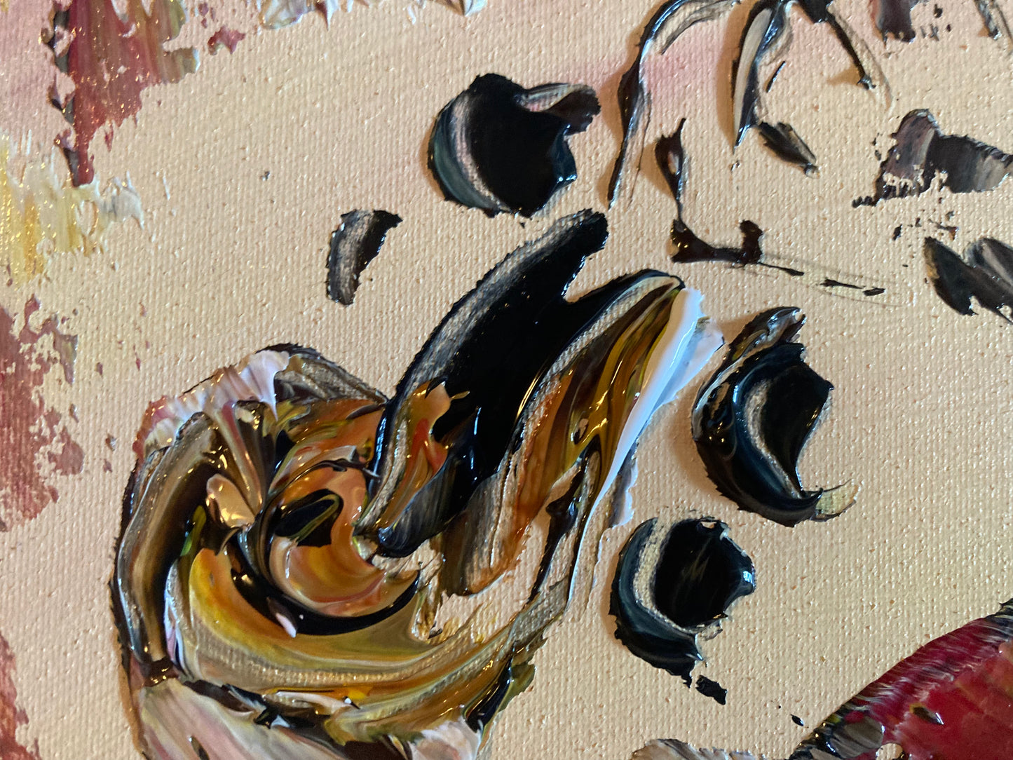 Peinture sur toile d'un musicien violoniste, fond rosé, contemporain du peintre Virginie Linard © détail3