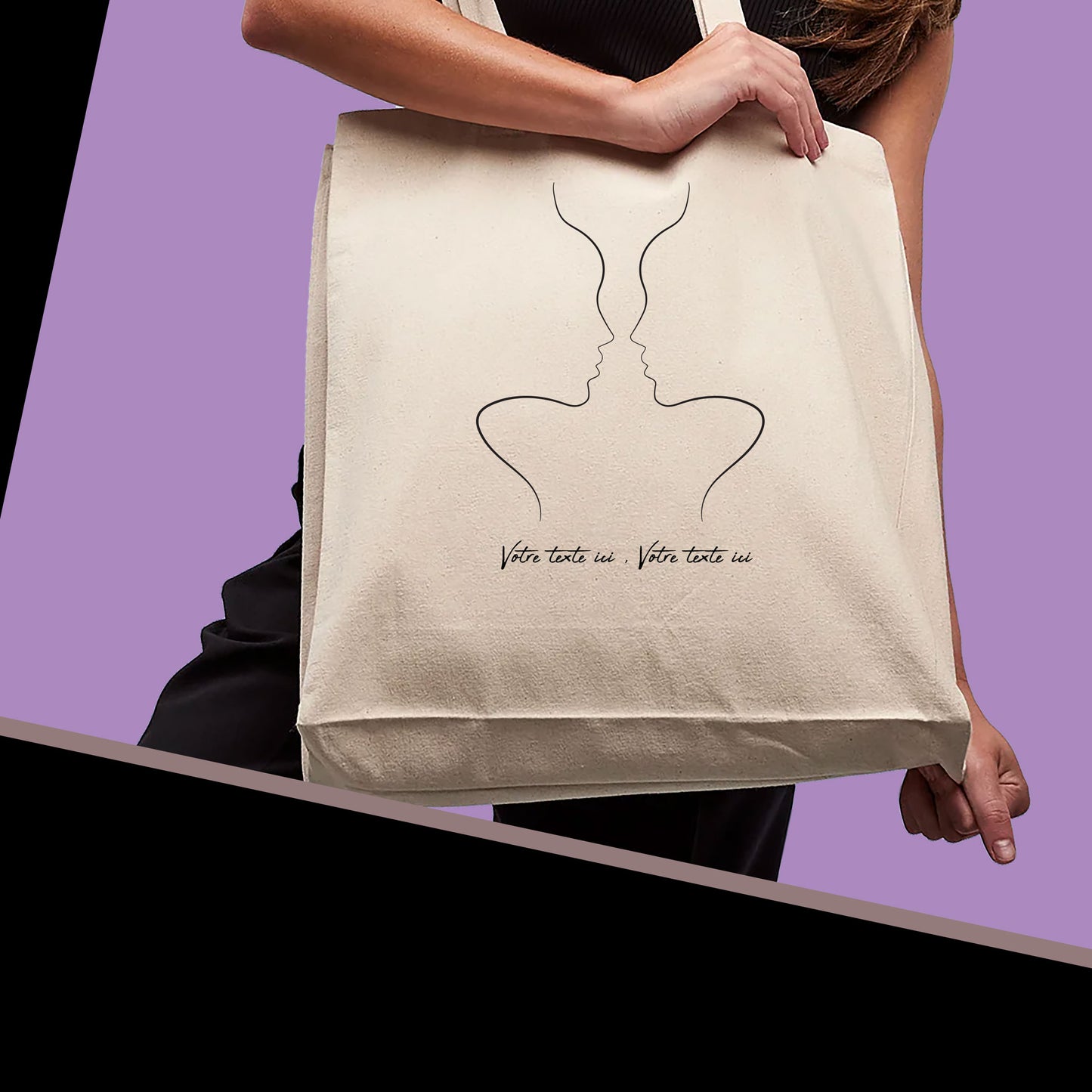 Graphisme esquisse deux visages femmes trompe œil sur sac cabas en toile tote-bag à personnaliser avec du texte. Création Virginie Linard ©.