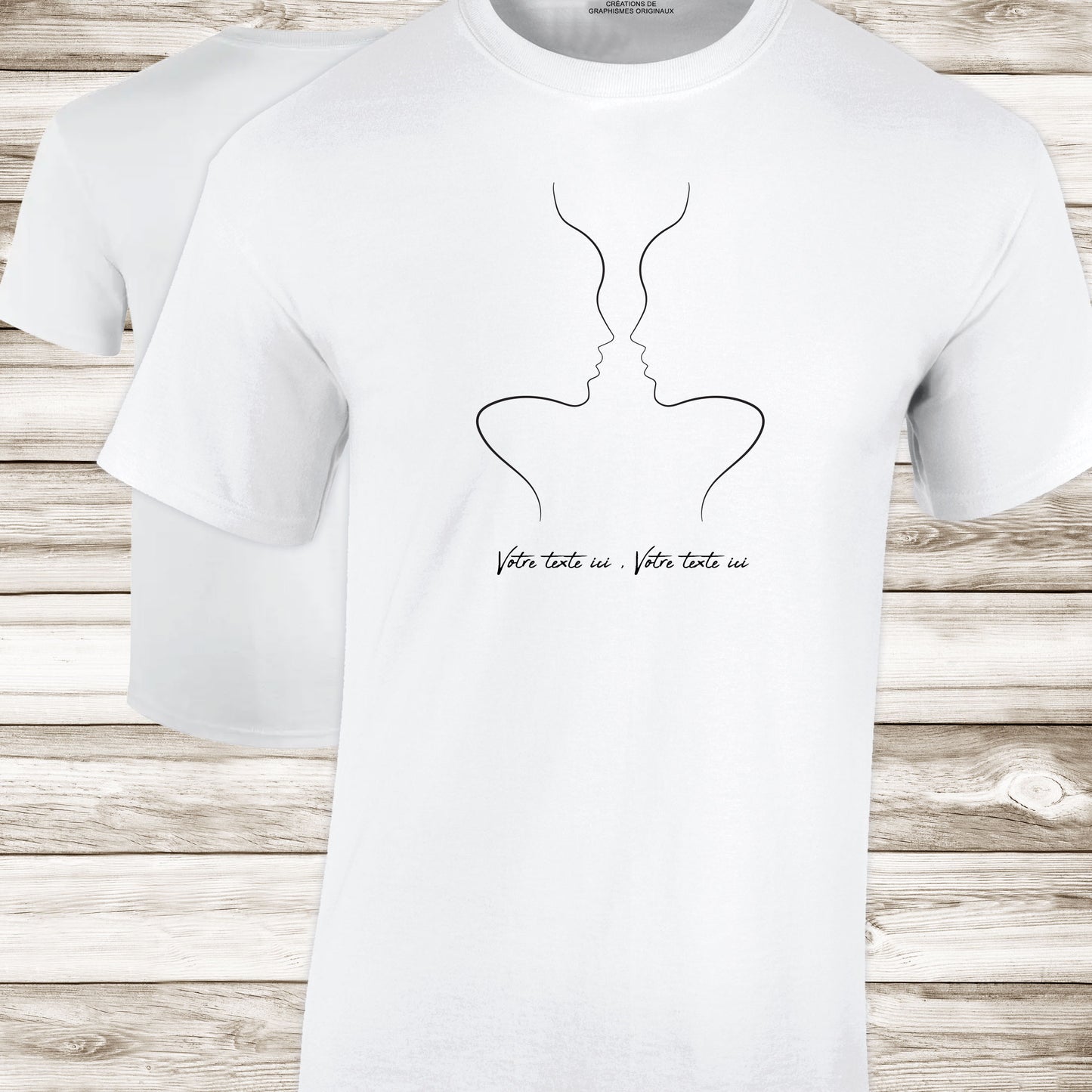 Graphisme esquisse deux visages femmes trompe œil sur t-shirt à personnaliser avec un texte. Création Virginie Linard ©.