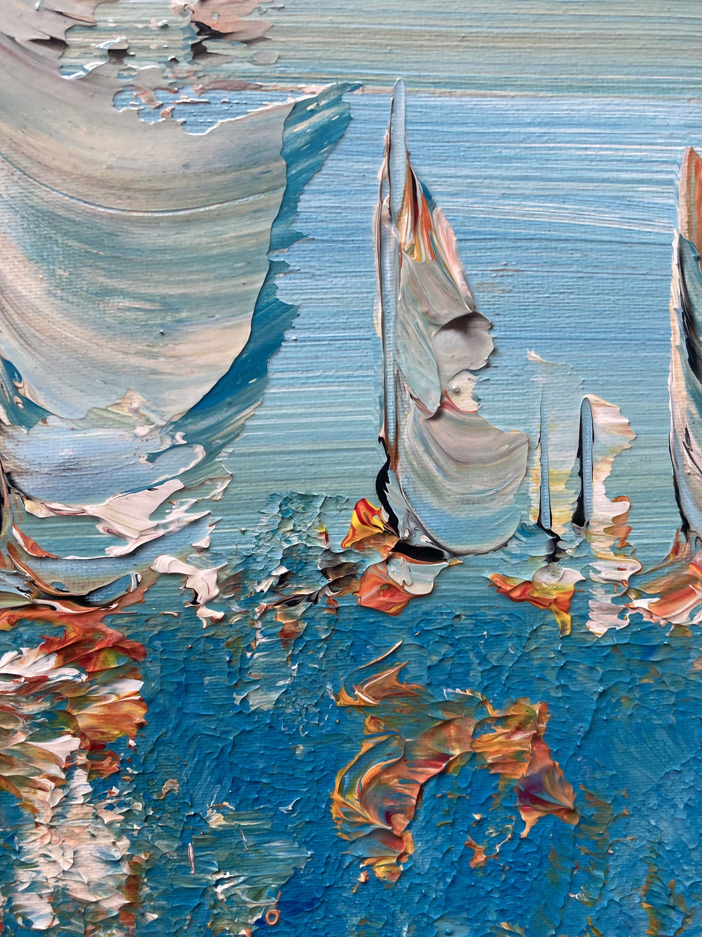 Tableau Voiliers mer. Peinture sur toile format 30x40cm. Détail1. Création Virginie Linard ©.