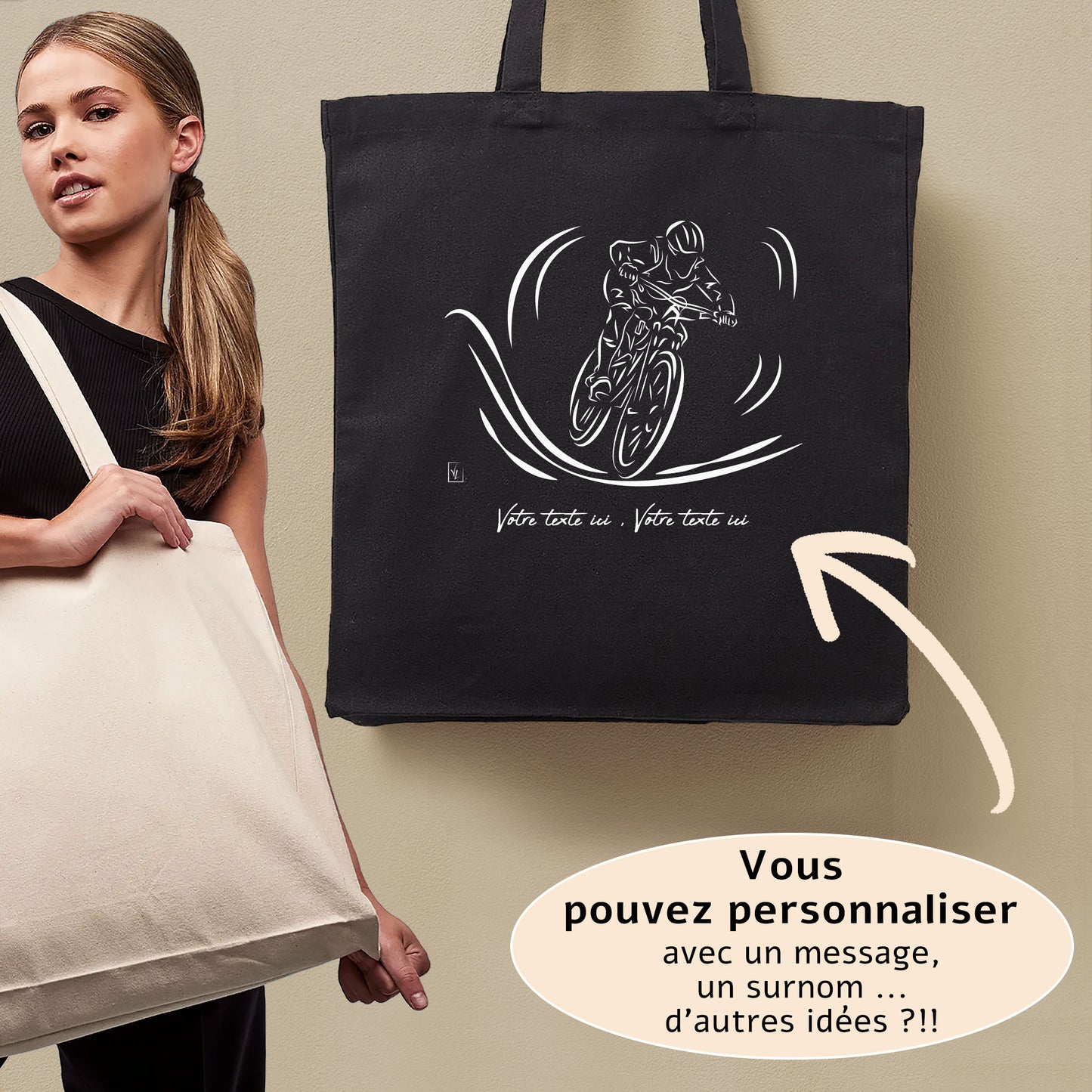 Graphisme Vélo VTT cross country sur grand sac cabas à personnaliser avec du texte, création Virginie Linard ©.