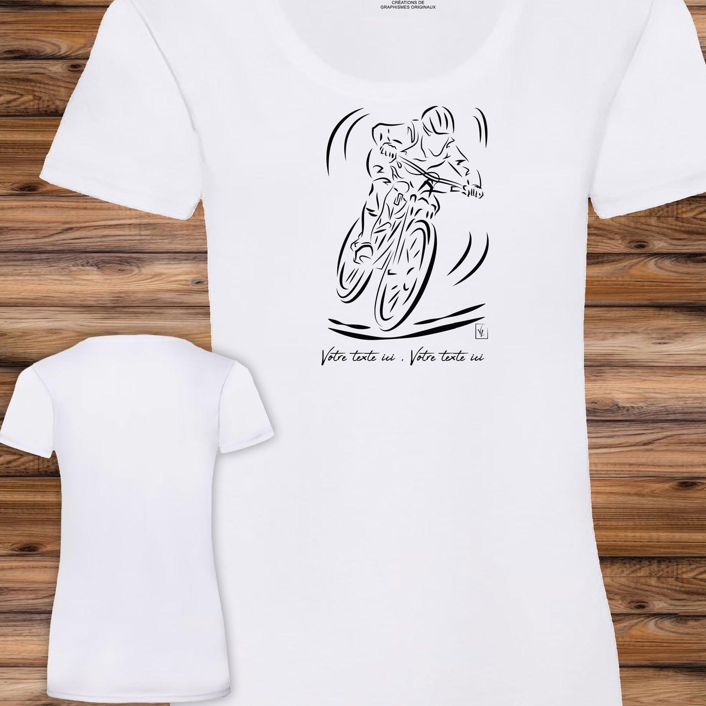 Graphisme Vélo VTT Cross course sur T-shirt à personnaliser avec un texte, création Virginielinard.com ©.
